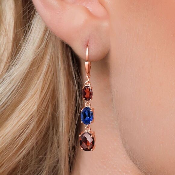 18K Rose Gold with 6.21Cttw 3 Stone Garnet and Royal Blue Sapphire Drop Earrings - Picture 2 of 5